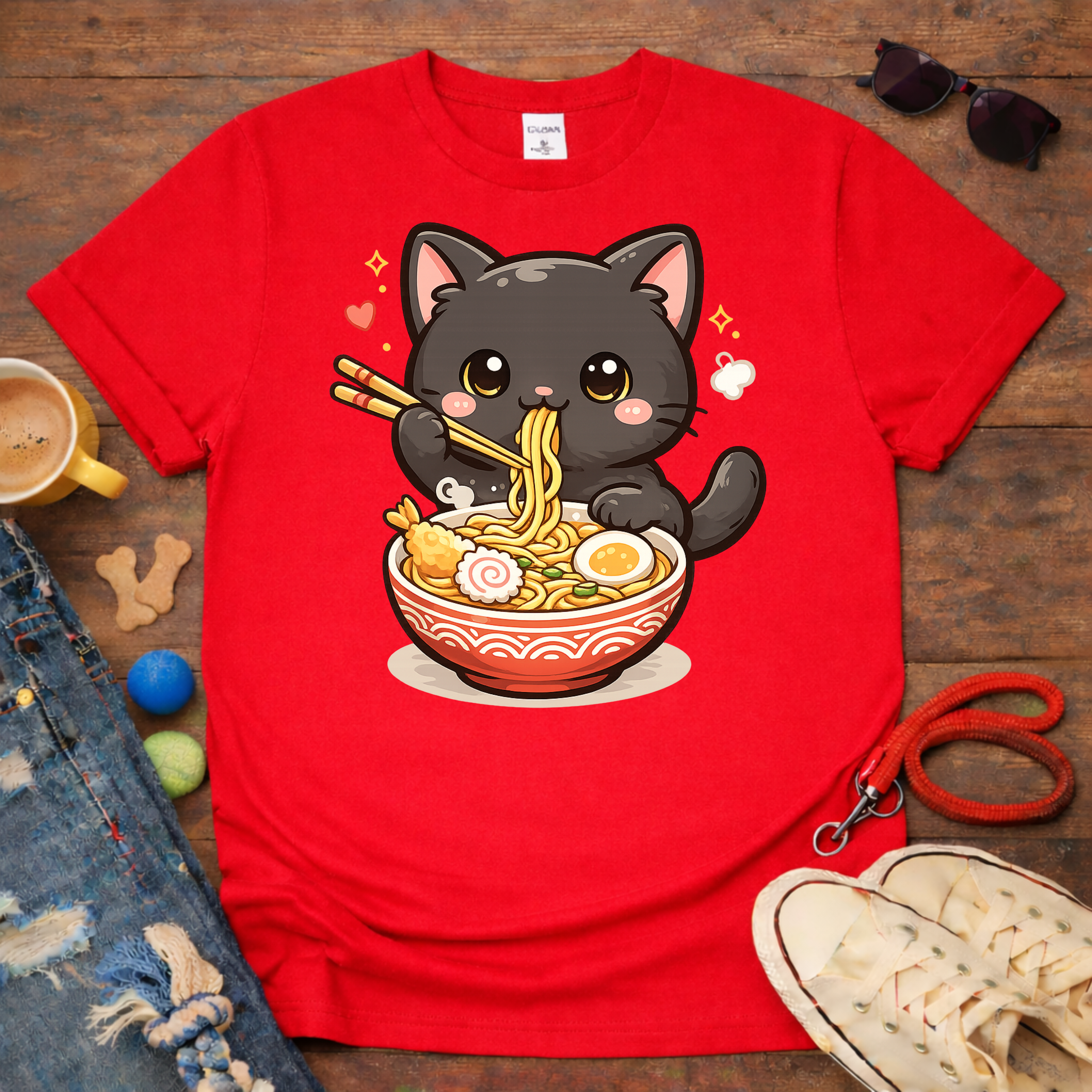 Cute Cat eating noodles T-Shirt