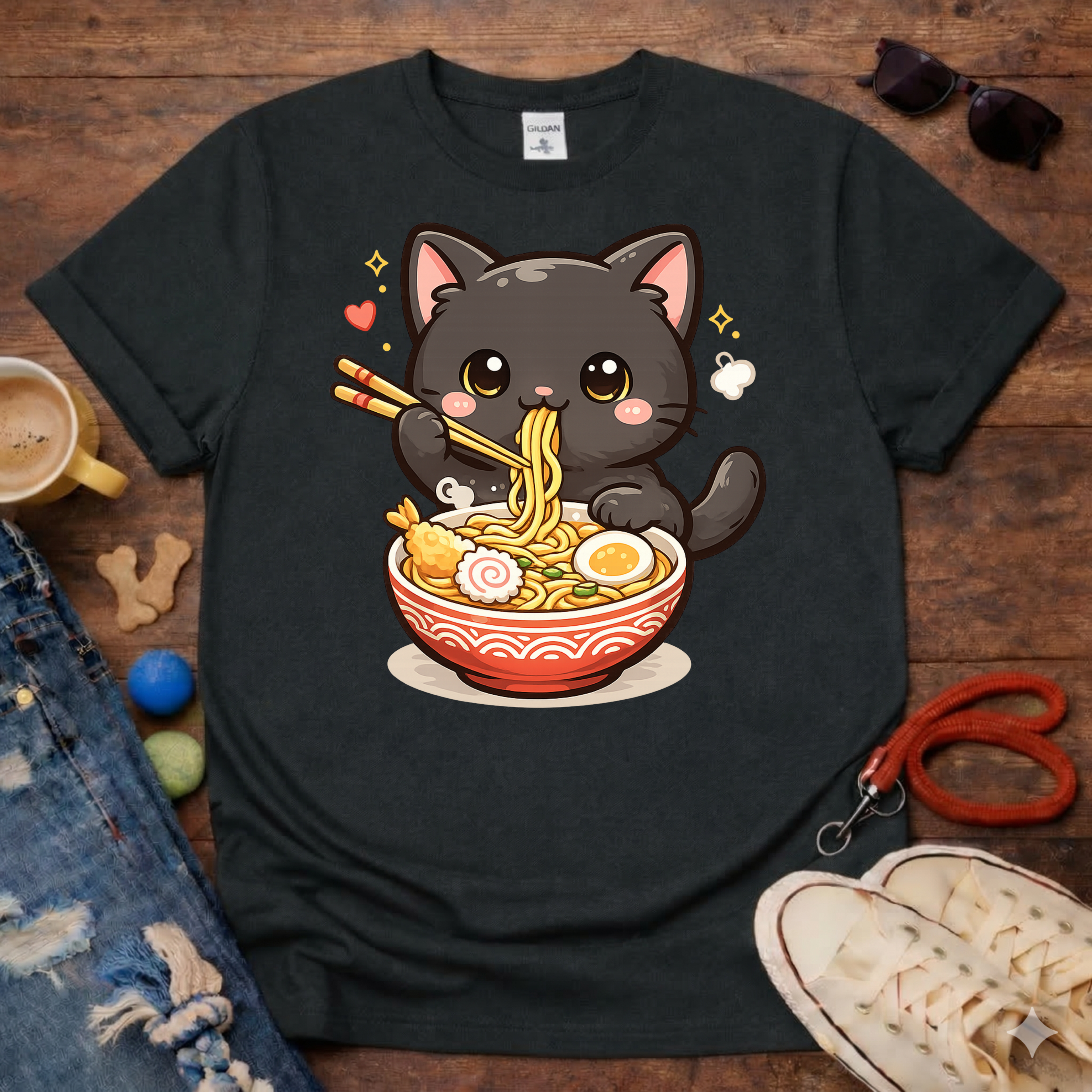 Cute Cat eating noodles T-Shirt