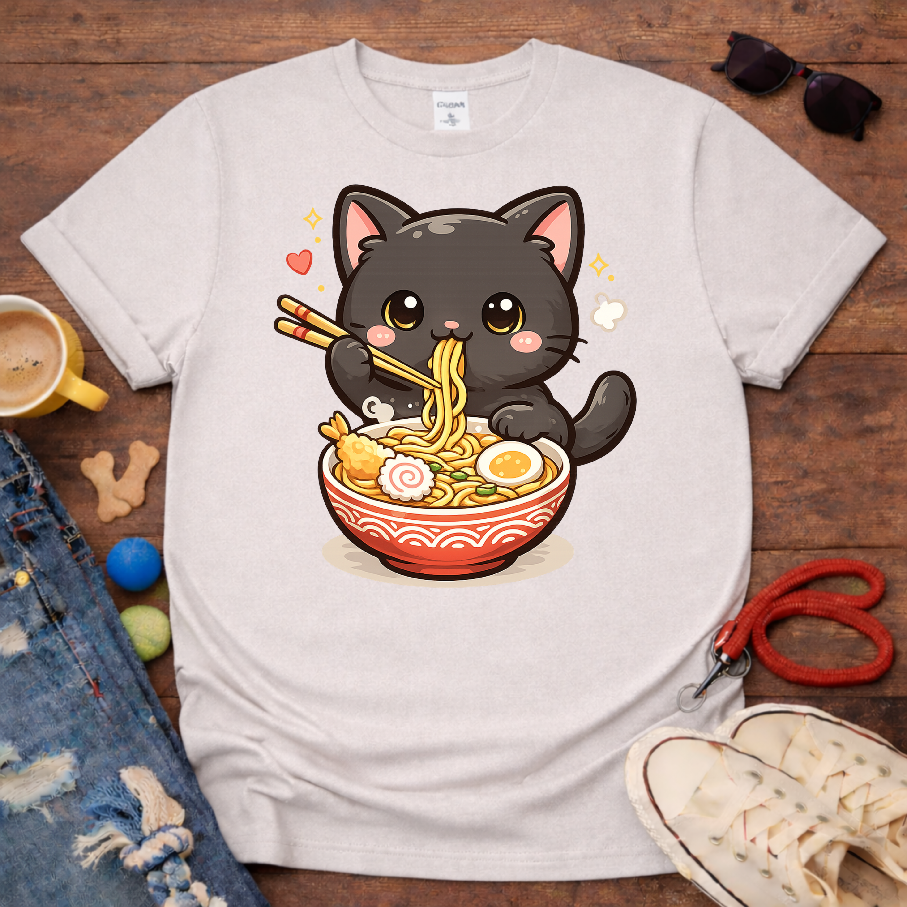 Cute Cat eating noodles T-Shirt