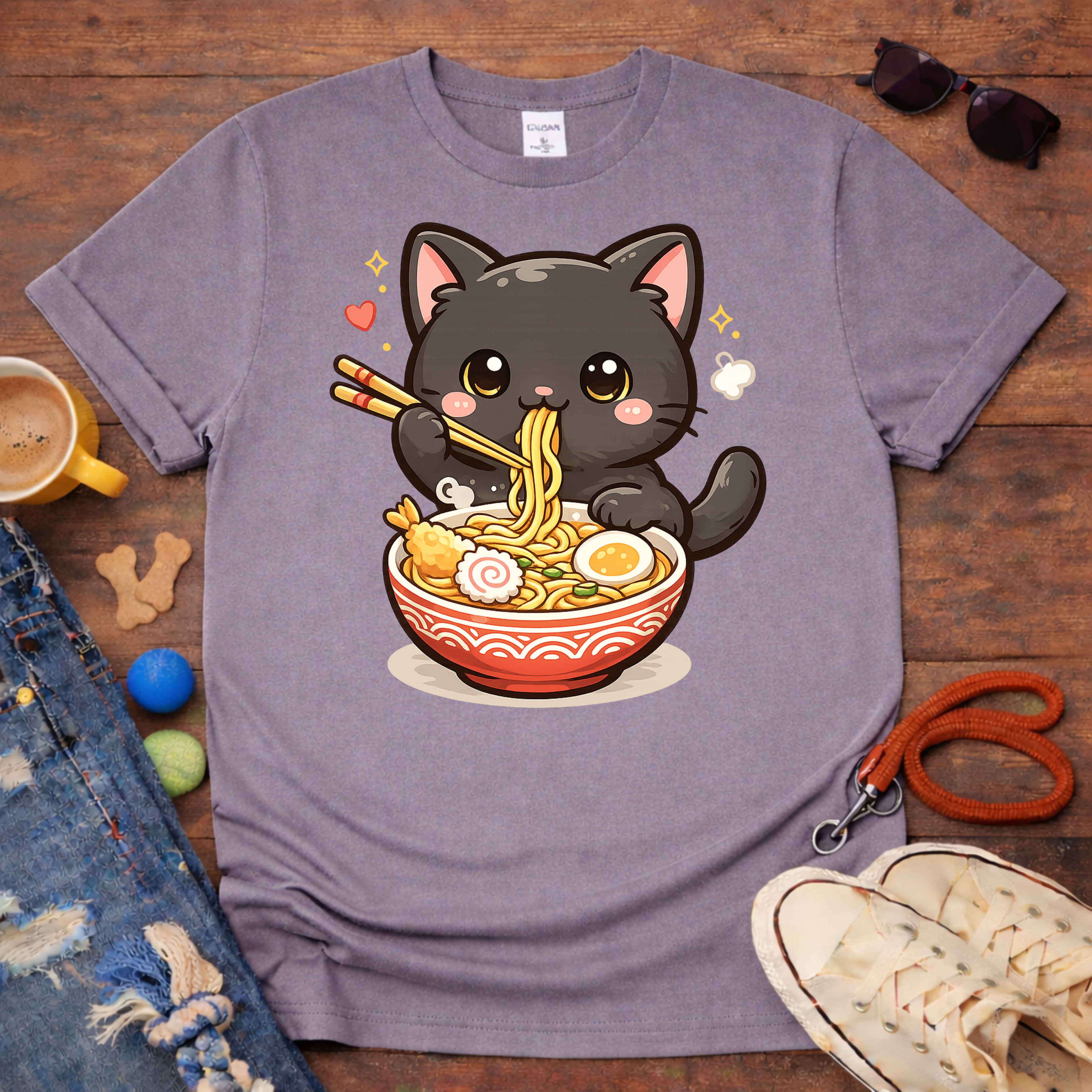 Cute Cat eating noodles T-Shirt